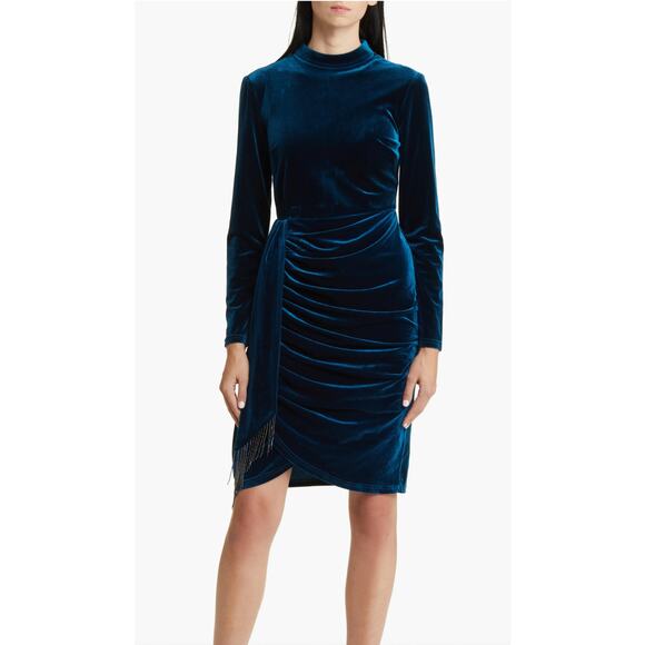 Tahari ASL Long Sleeve Velvet Sheath Cocktail Dress Blue Size 16 Beaded Sash - Picture 11 of 15